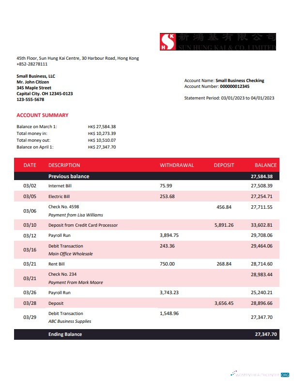 Download Sung Hung Kai Bank company account statement Word and PDF template Photoshop template